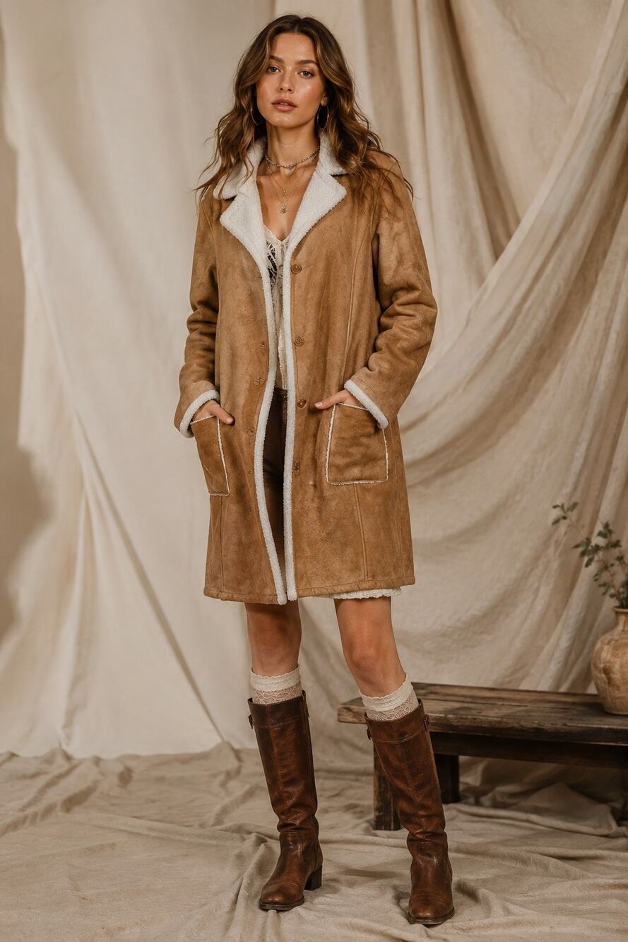Vintage Paris Blues Y2K Faux Suede Sherpa Penny Lane Coat Brown Large Boho Retro